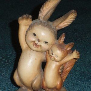 6" Anri Ferrandiz Carved Wood "Greetings" Rabbit & Squirrel Figurine - GIFT!